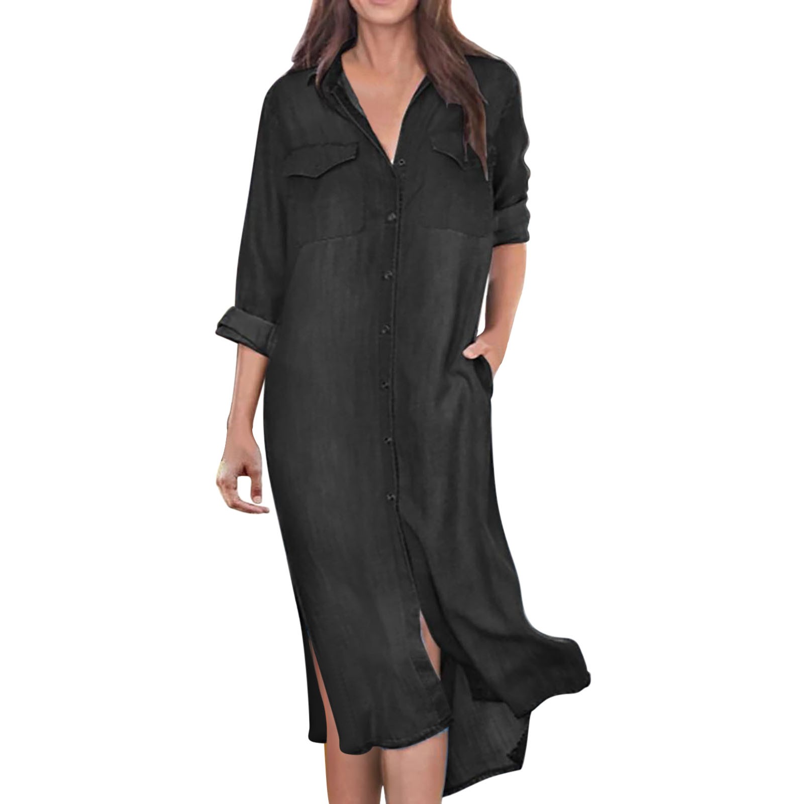 thumbnail image 1 of Vestido camisero holgado de color liso para mujer - Con cuello, poliéster-algodón, tallas S-XXXXXL, estilo informal/para todas las estaciones, largo, 1 of 4